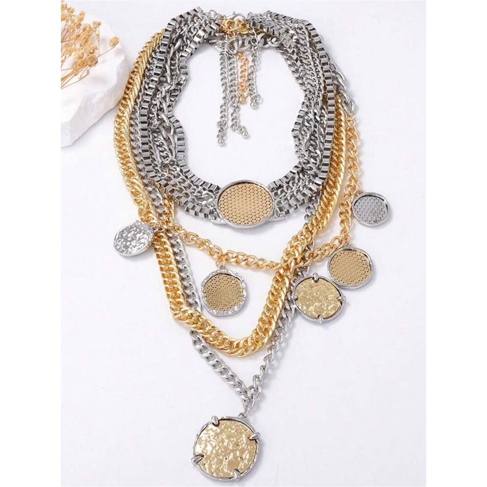Stainless Steel Multilayer Coin Statement Necklace Old Money Layered Chain - Picture 7 of 11